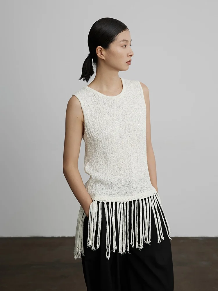 

Ordinary times Women's Fringed Vest Pure Color Texture Sensation Slimming Mid-Length Svel Top Faionable Casual Wear