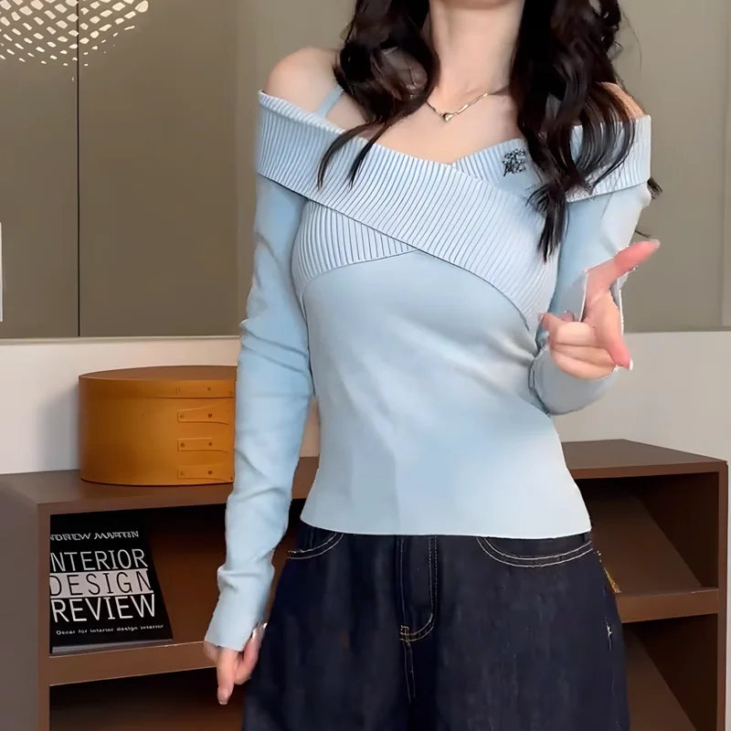 

Autumn Winter Blue One-shoulder Sweater Women Bottoming Top
