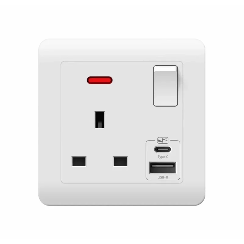 86/146 Wall Power Supply Multi-function 3/5-pin Universal Socket with 2.1A  10W Dual USB Type-c Charging Ports, 13A UK Socket