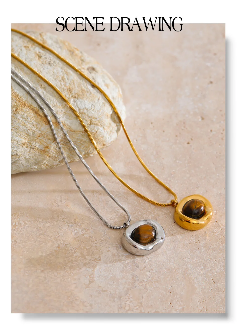 Yhpup Halskette mit natürlichem Tigerstein-Anhänger, hochwertiges PVD-beschichtetes Edelstahl-Kragen, beliebter Schmuck, täglich, hypoallergen – Detail 15