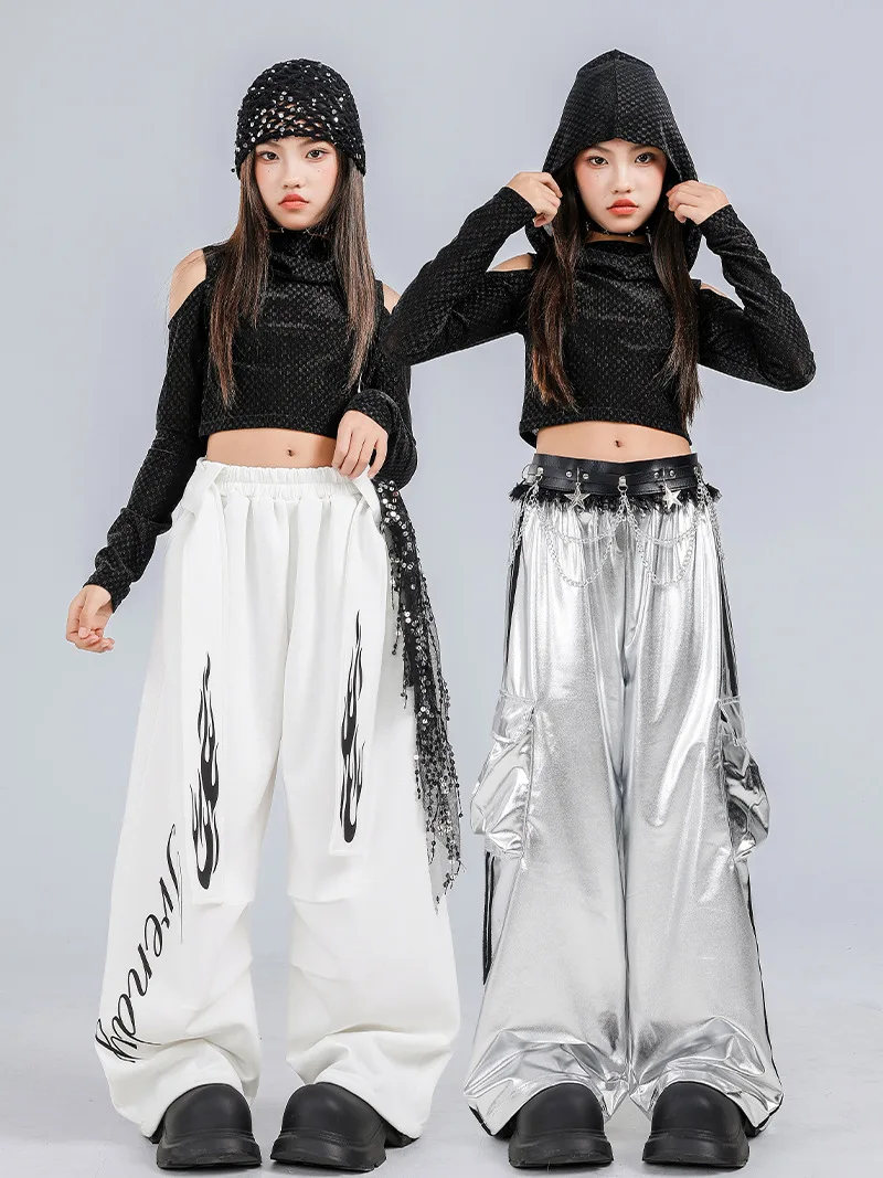 Ropa informal estilo Hip Hop para niñas, baile Kpop, Top negro con capucha, pantalones Cargo, conjunto de ropa de traje de baile de Jazz para niños