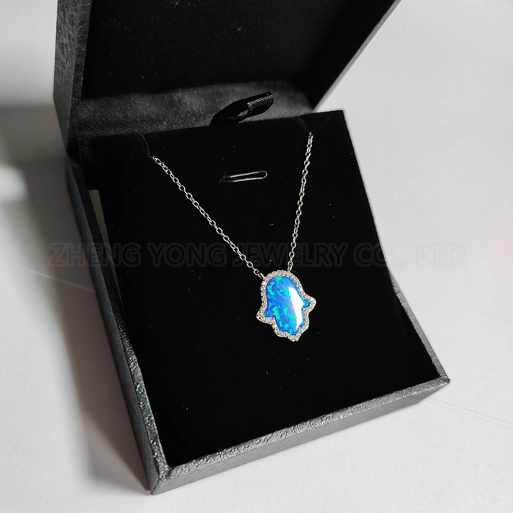 

Blue Hamsa Hand Diamond Chain Necklace for Men Women Brass Chain Plated Silver 18 Inches