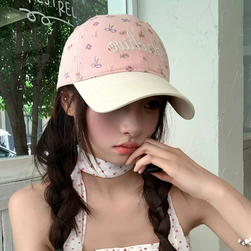 Korean Floral Letter Embroidered Baseball Cap for Women Spring Summer Casual Versatile Small Sun Shading Cap
