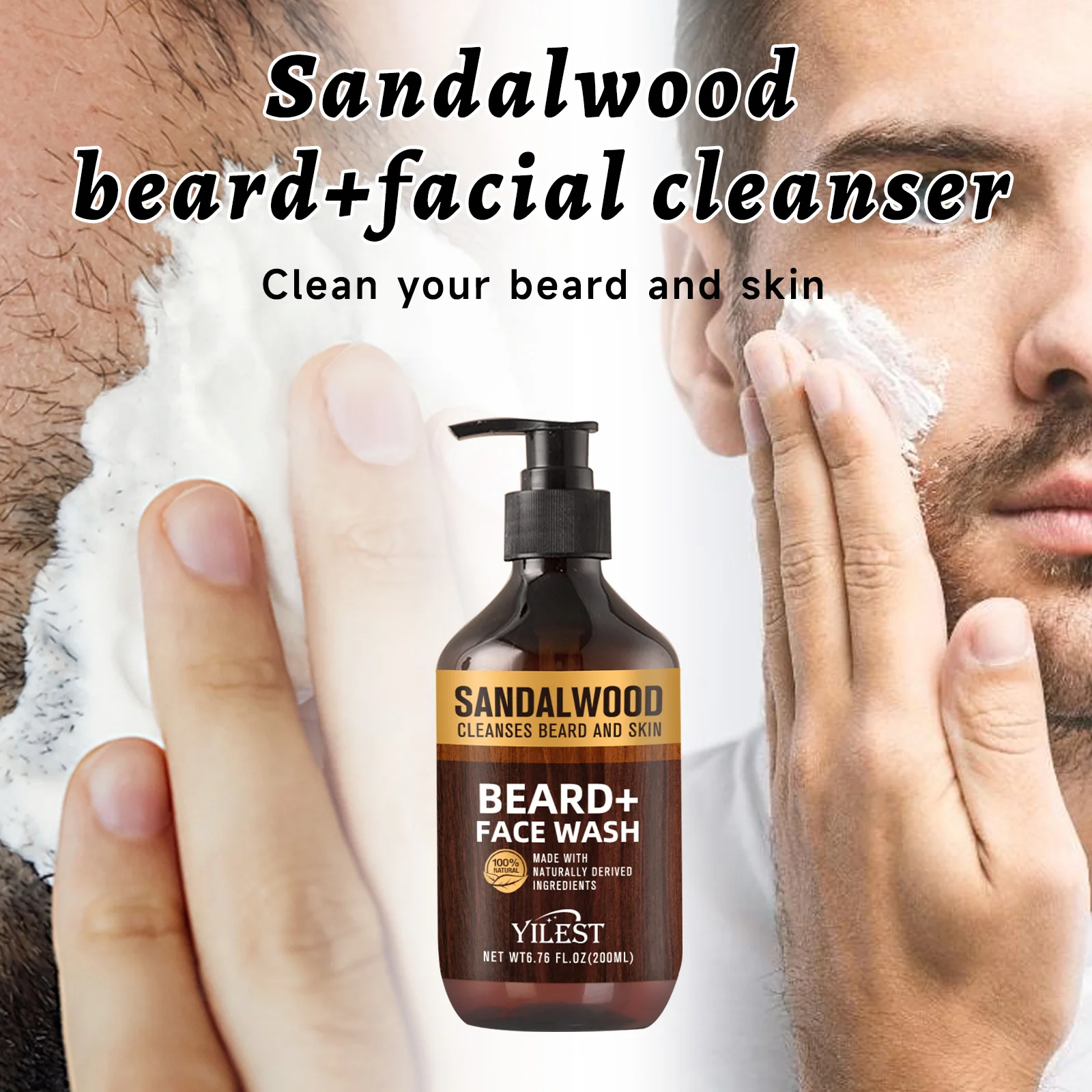 Nettoyant naturel pour barbe et visage en bois de santal pour hommes, 200ml, pour soins de la peau, nettoyage en profondeur, mousse pour le visage avec huile d'aloe vera et d'orange