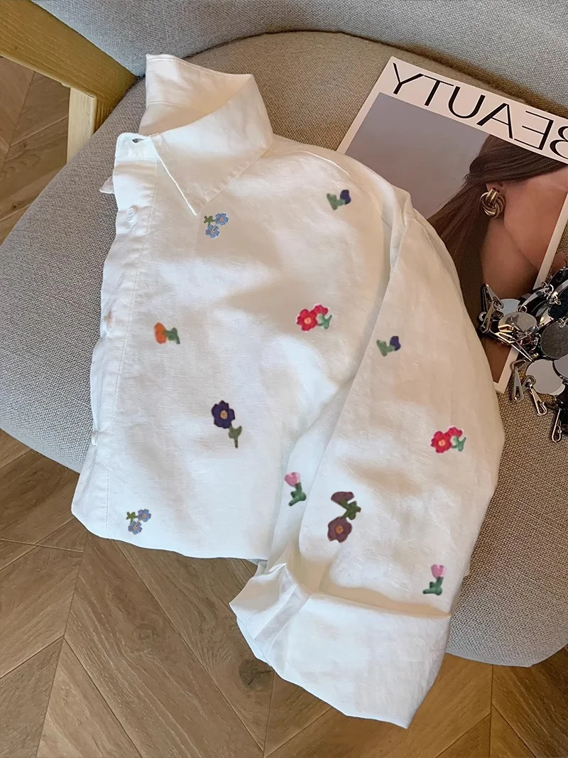 เสื้อผ้าผู้หญิงสไตล์เกาหลี ดีไซน์สร้างสรรค์ พิมพ์ลาย แขนยาว สีขาว สำหรับฤดูใบไม้ผลิและฤดูใบไม้ร่วง โดดเด่นไม่ซ้ำใคร สไตล์ลำลอง