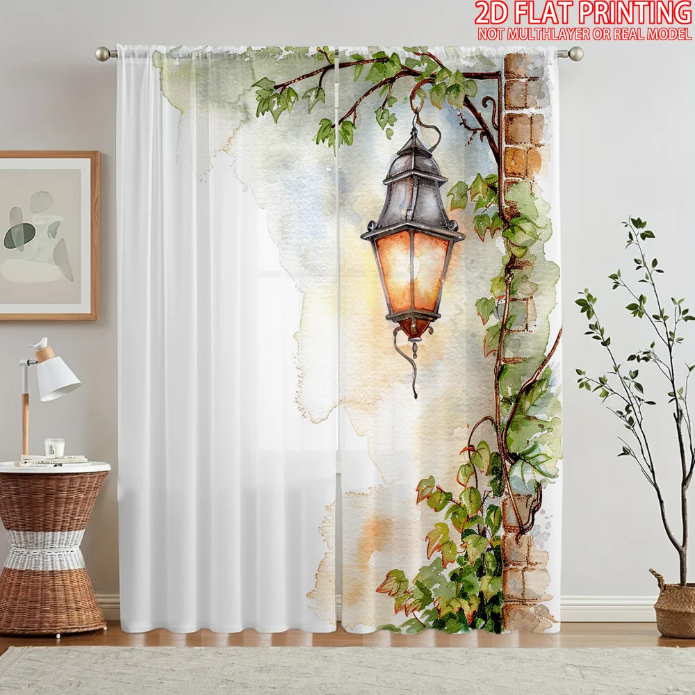 2D Flat, 2pcs Semi - Transparent Curtains Lantern Vine Wall Light Nature Art Pattern Sheer Curtain Is Suitable for All Seasons.