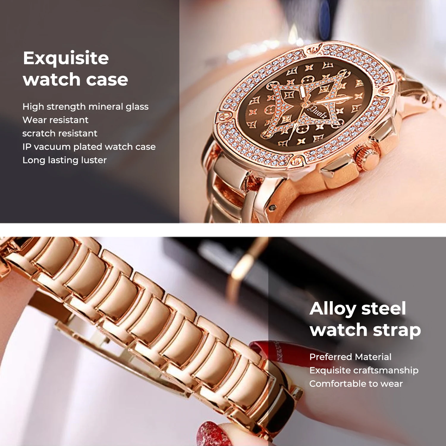 Elegant and fashionable women\'s rose gold inlaid diamond dial exquisite women\'s quartz waterproof watch