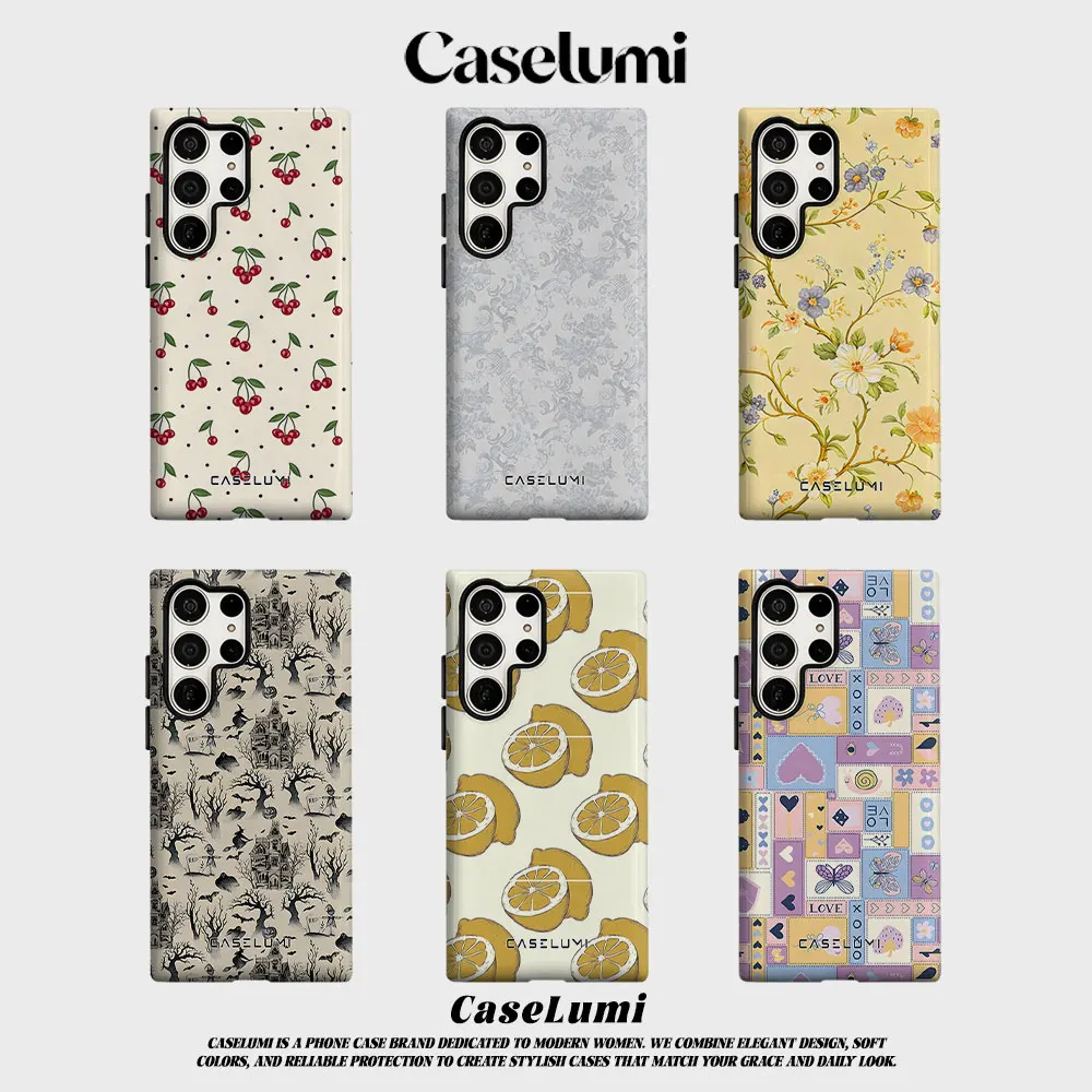 vintage cherry pattern For Samsung Galaxy Phone Case S23 S20 S25 FE S24 Plus S26 Ultra 2-IN-1 Shockproof Bumper Hard PC