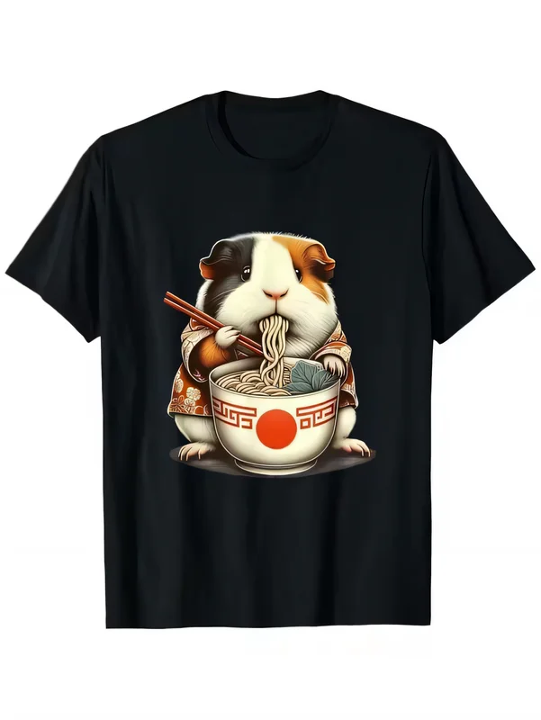 Cute Cartoon Guinea Pig Eating Noodles Print T-Shirt Men Women Japanese Style Kimono Animal Graphic Tee Kawaii Short Sleeve Summer Top