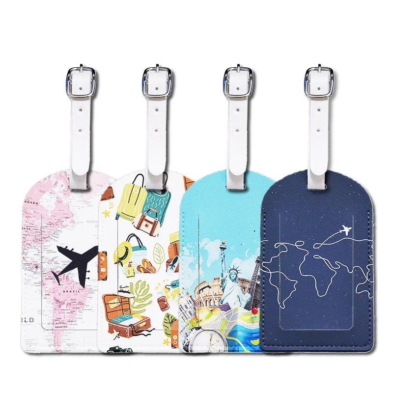 

Luggage Tags with Privacy Cover PU Leather Cruise Ship Waterproof Tag Unique Travel Pattern Suitcase Tags for Men Kids Women