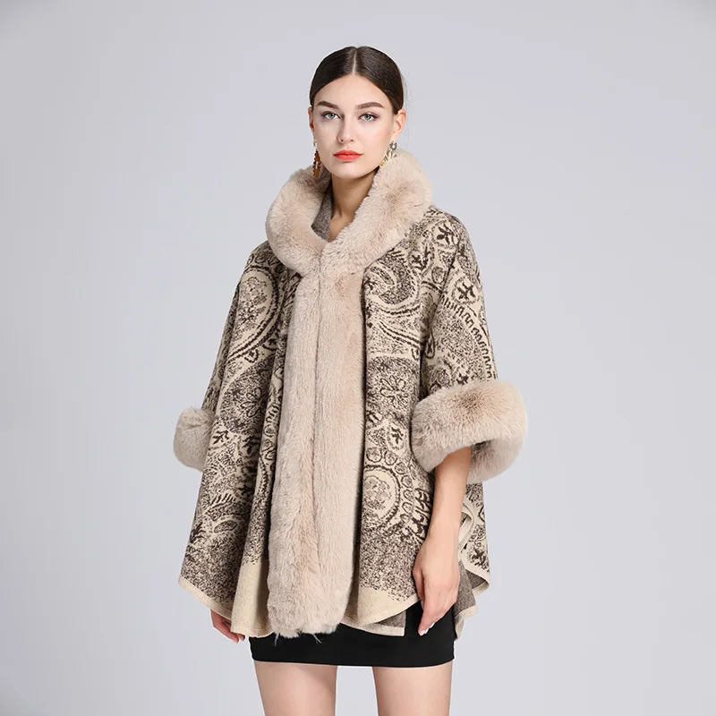 

Autumn Winter New Imitation Otter Rabbit Fur Collar Jacquard Hooded Shawl Cape Imitation Wool Ponchos Beige Capes Women Cloak