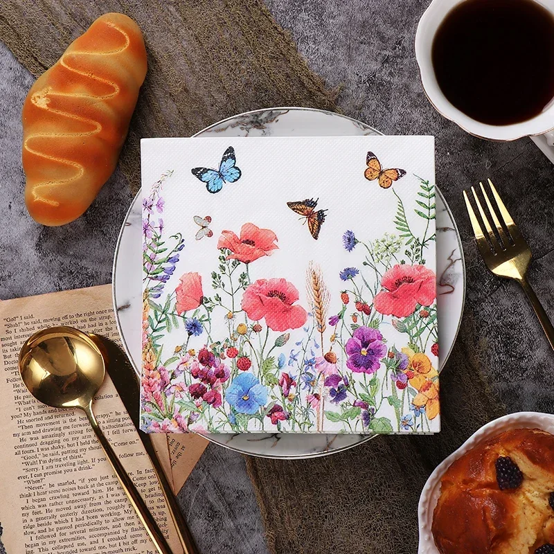 New Floral Colourful Napkins Printed Paper Placemats Restaurant Hotel Party Pure Wood Pulp Paper 20pcs/pac Wood Pulp Paper 33cm