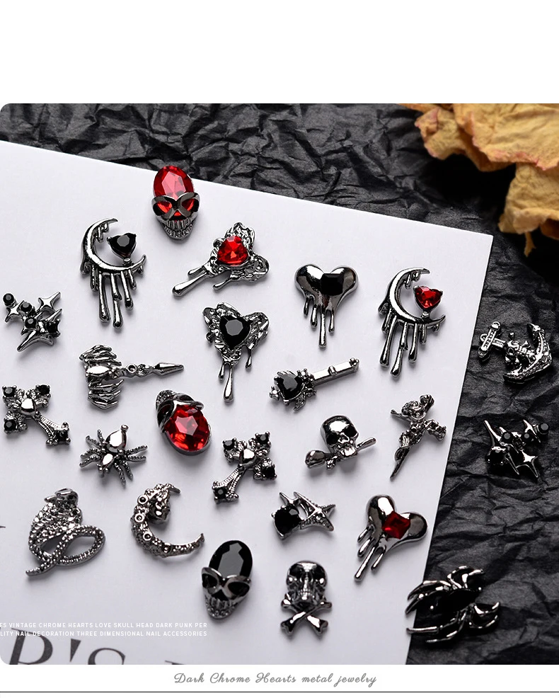 10 Pcs/Bag Cross Nail Charm Inlaid Diamond Dark Punk Gothic Style Heart Zircon Halloween Accessories Decorations