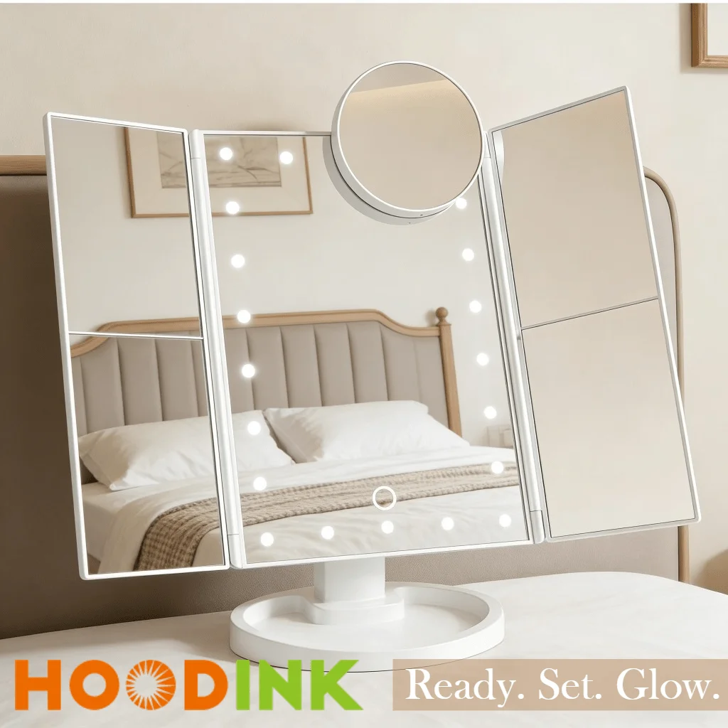 Makeup Mirror, Tri-Fold Lighted Adjustable Vanity Makeup Mirror With 21 LED Lights, Touch Screen And 10X/3X/2X/1X Magnification, Two Power Supply Modes Make Up Mirror, 360° Rotation, Top Valentine's Day Gifts For Her(Rose Gold/White)