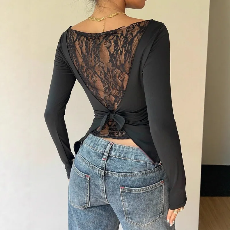 FL 여성용 우아한 레이스 패치워크 리본 장식 긴팔 티셔츠 캐주얼 비대칭 밑단 슬림핏 보트넥 플리츠 탑 2026