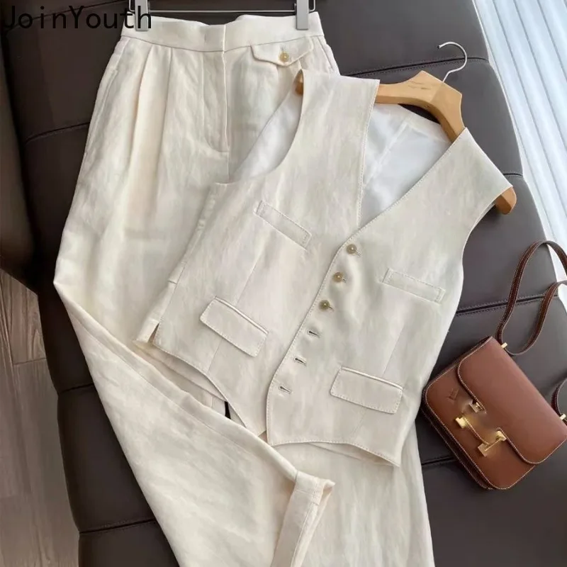 Streetwear Casual Women Clothing Chic Pants Outfits Two Piece Sets Cotton Linen Vest Coat Vintage Wide Leg Pants Suit Korean Set