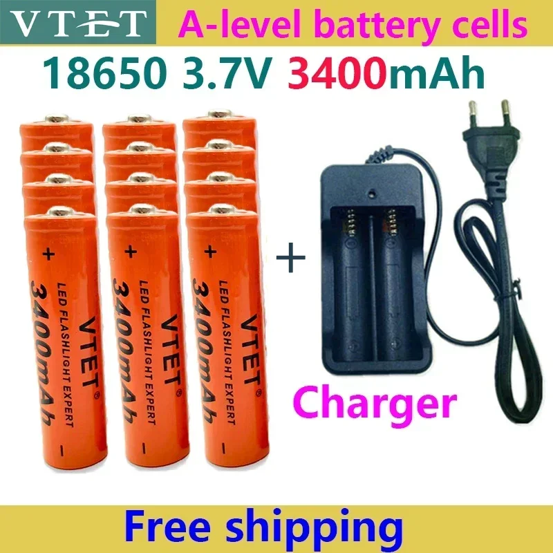 18650 Battery Rechargeable Battery 3.7V 18650 3400mAh Capacity Li-ion Rechargeable Battery for Flashlight Torch Battery+Charger