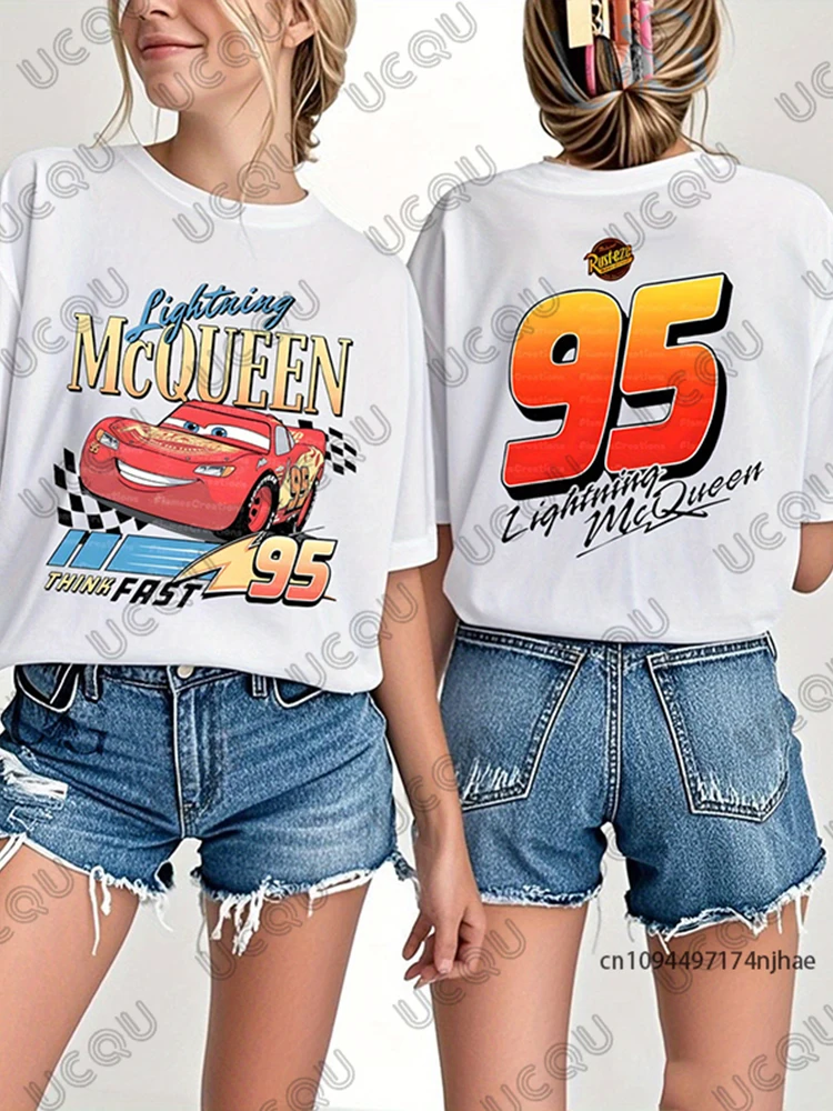2026 Lightning Mcqueen 95 Racing Cars Print Cotton T Shirt For Women Summer Short Sleeve Tees Casual Streetwear Couples Tops