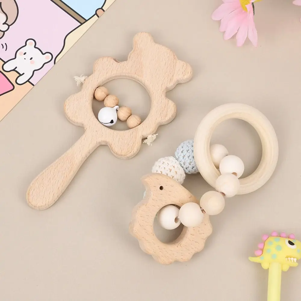 2pcs/set New Bear Ringbell Baby Teeth Grinding Bracelet Beech Wood Handmade Bead Cartoon Hand Ringbell Children's Toy