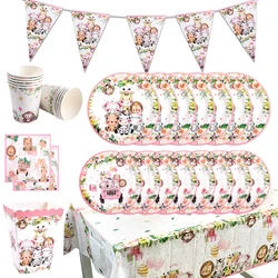 Jungle Safari Theme Party Decoration Pink Jungle Animal Tableware Plate Cup Tablecloths Kids Birthday Party Baby Shower Supplies