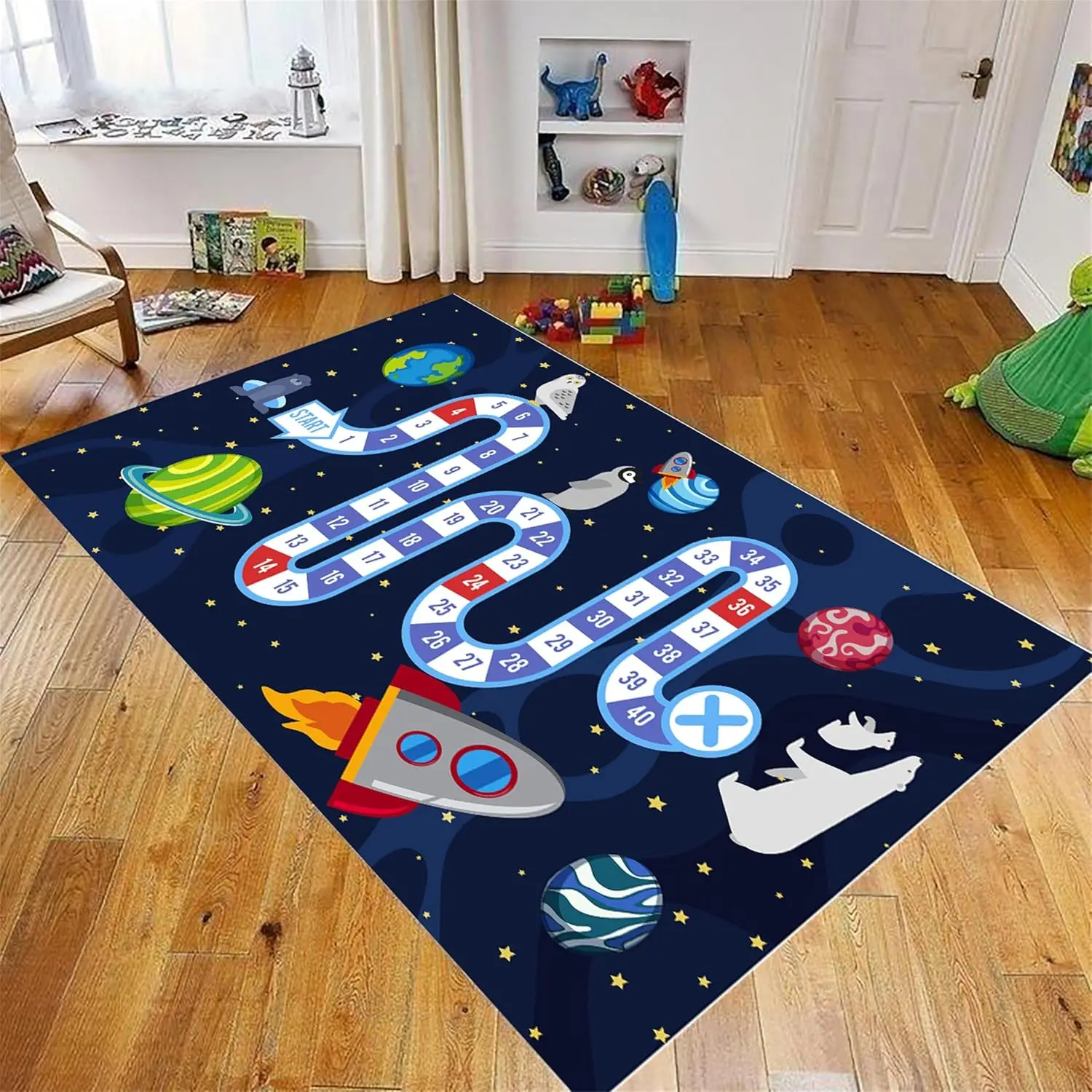 

Outer Space Kids Rug Educational Kids Carpet with Cartoon Animals &Numbers,Non-Slip Washable Floor Mat for Nursery,Bedroom Decor