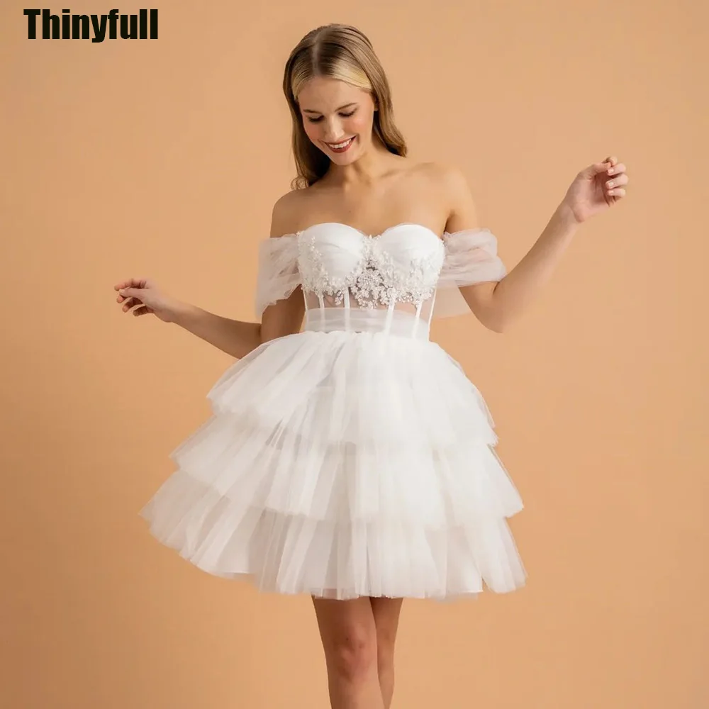 

Thinyfull Short White Tulle Prom Dress A-line Sweetheart Off Shoulder Evening Party Dress Appliques Tiered Formal Bridal Gowns