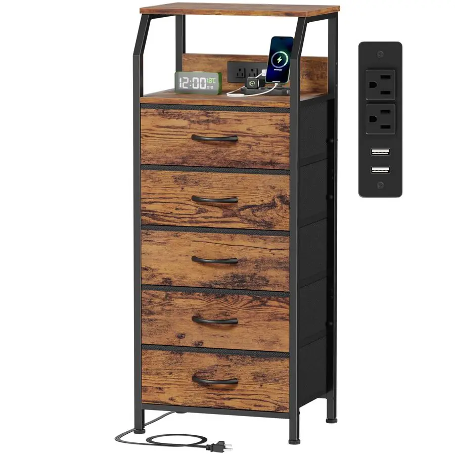 

5 Drawers Dresser with Charging Station, Tall Night Stand with Storage Shelf, Fabric Chest of Drawers, Bedside Table for Closet