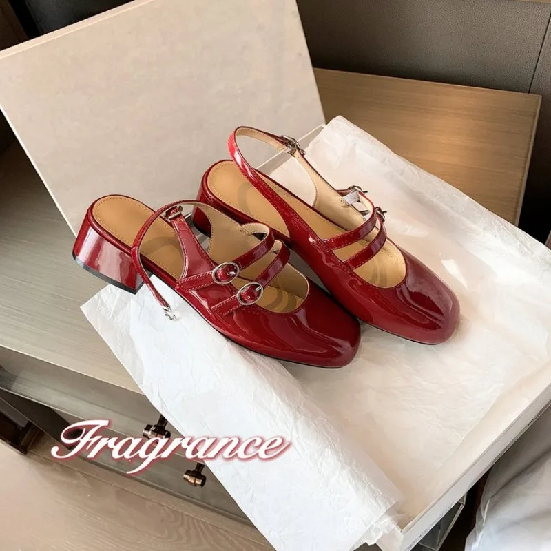 Classic Red Mary Jeans Woman Patent Leather Med-High Heels Sandals Two Buckle Belt Strap Shoes Femme Slingback Lolita Footwear