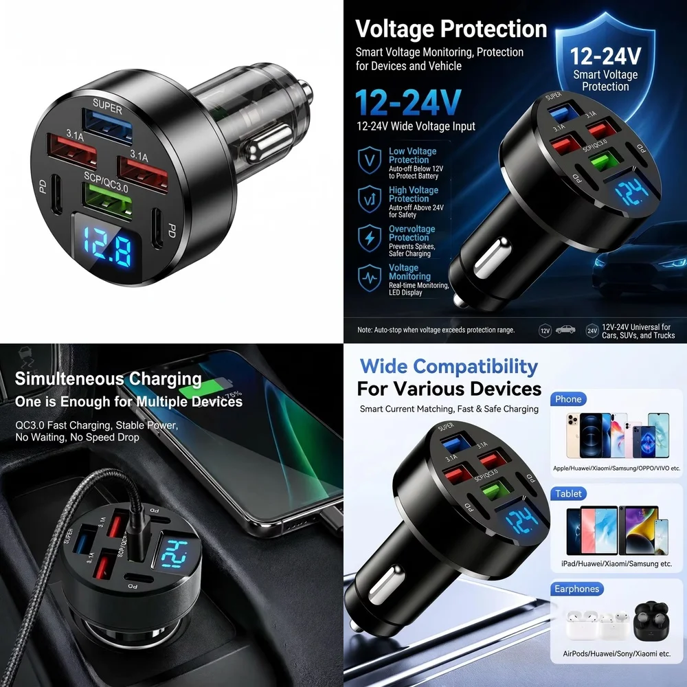 100W 6 Port Multi Port Car Charger with LED Digital Voltage Display QC3.0 PD USB Fast Charge for iPhone iPad Samsung Huawei