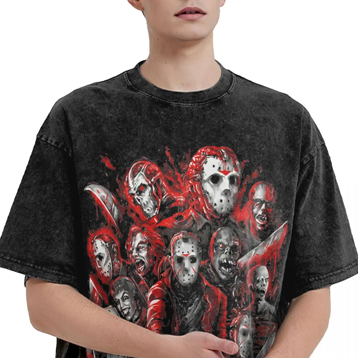 Washed T Shirts Jason Voorhees Horror Movies Character Retro T-Shirt Oversize Streetwear Cotton Printed Tops Men Women Tee Shirt