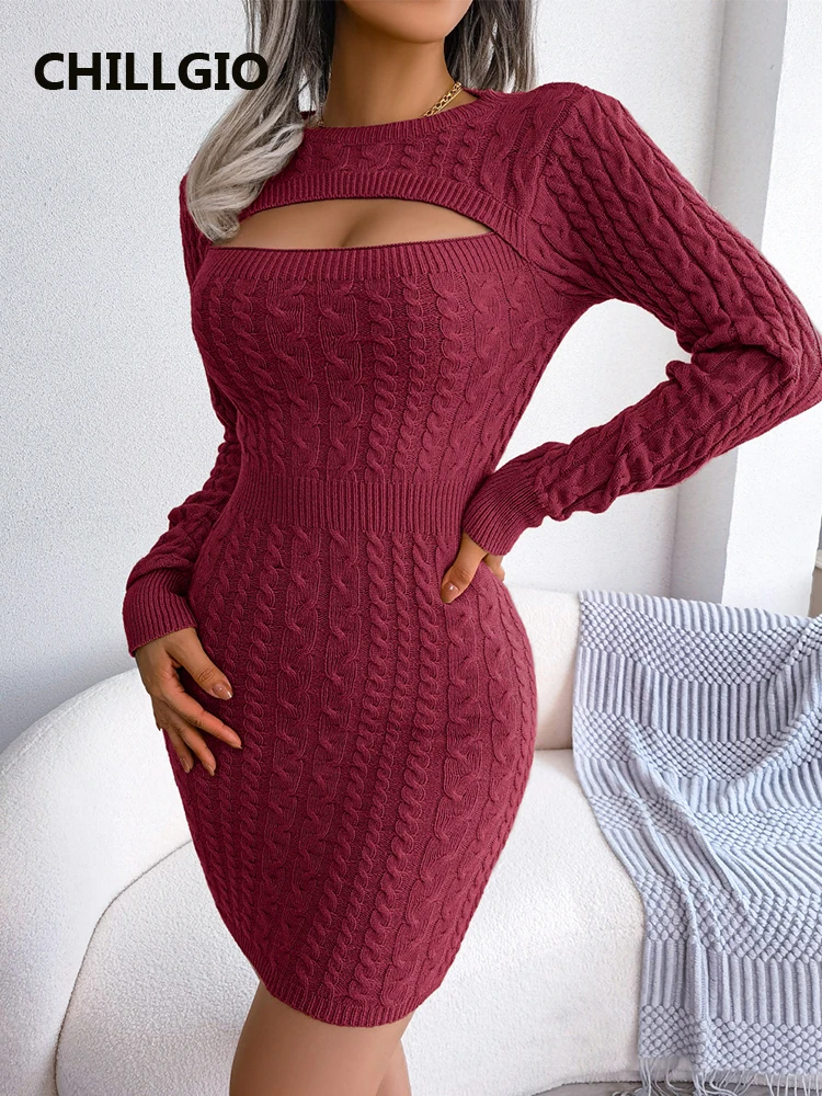 CHILLGIO Women Knitted Dress Autumn Hollow Bodycon Solid Twist Pullover Vestidos Winter Fashion Streetwear Slim Knitting Dresses