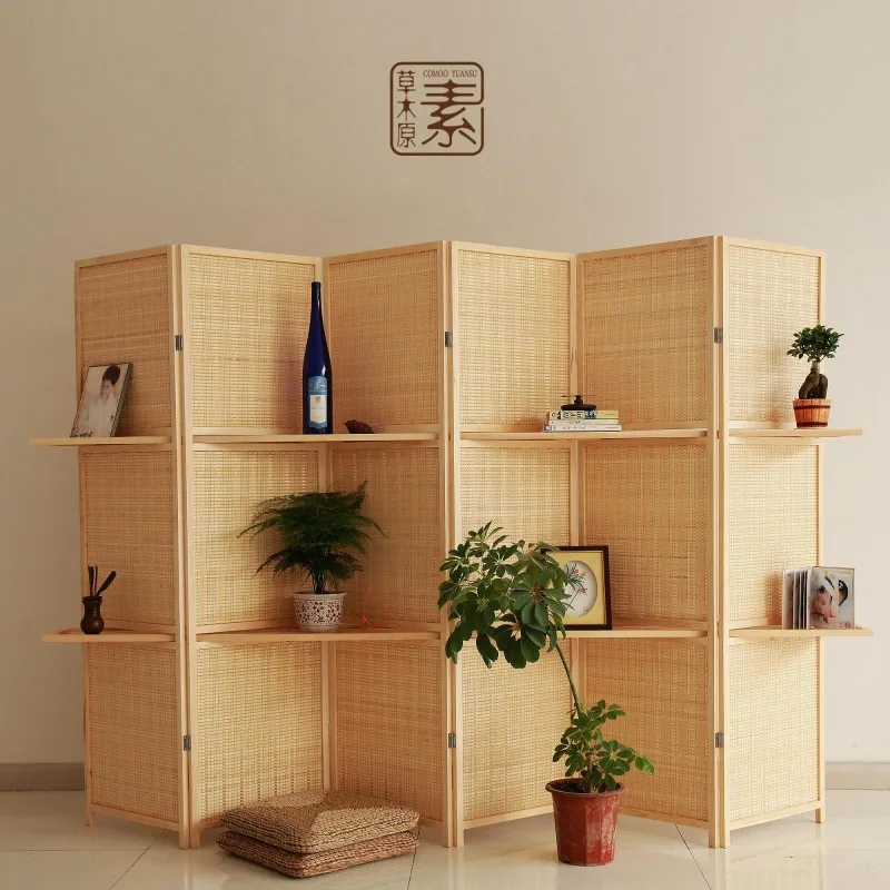 Living Room Bedroom Restaurant Modern Chinese All Solid Wood Screen Entrance Partition Bamboo Weaving  Movable Folding S