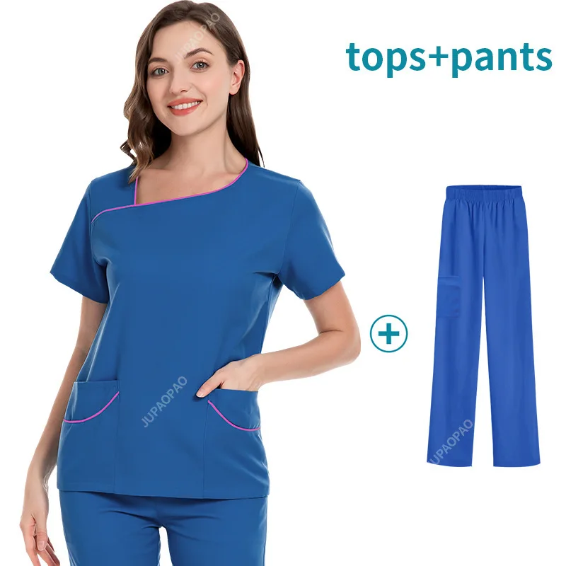 Nurse Uniform Workwear Women Short Sleeve V-neck Solid Color Medical Nursing Blouse Working Uniforms Carer  Overalls Scrubs Top