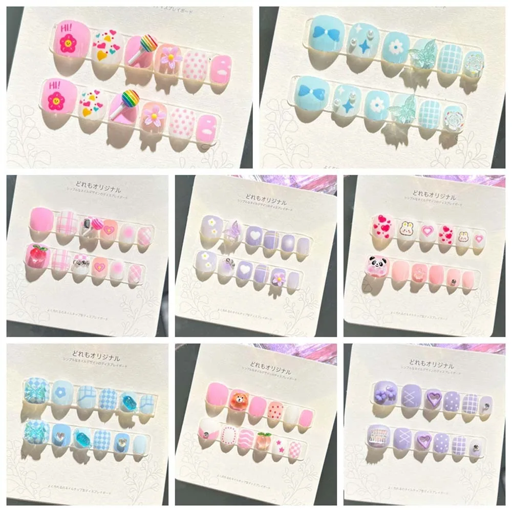 Rabbit Children False Nails Flower Full Cover Nail Art Tips Kids Fake Nail Extension Nail Supplies Bears Kids Cartoon Fake Nails