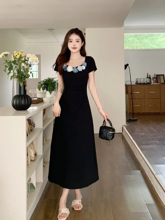 

plus Size Floral Print round Neck Short Sleeve Dress Women's Summer New Style Waist Cinching Ageless Long Dress Korean Style