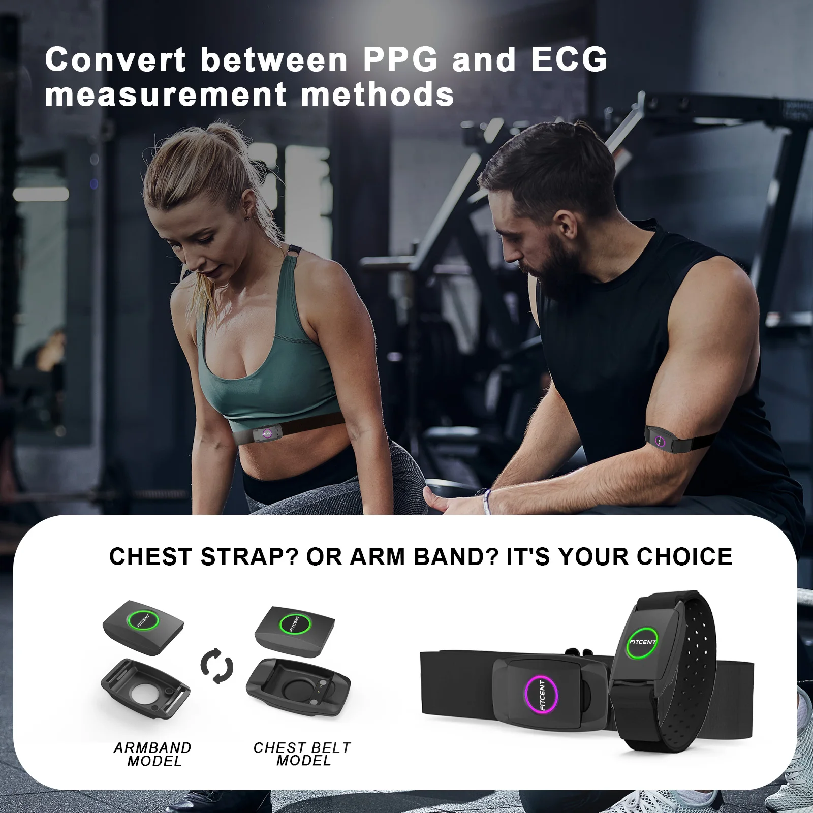 FITCENT Rechargeable 2 in 1 Heart Rate Monitor Chest Strap/Armband with Bluetooth5.0 ANT+ for Peloton Polar Rowing Machine