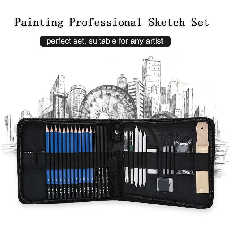 33PCS Professional Drawing Sketching Set Drawing Charcoal Wood Pencils Kneaded Eraser Kit for Painter Students Art Supplies