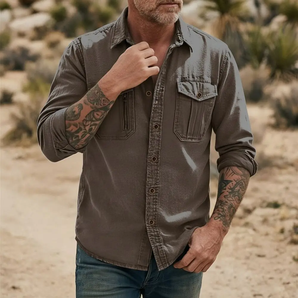New 2026 Men's Casual Denim Shirts Long Sleeve Button Vintage Blue Washed Cowboy Shirts Slim Fit Outdoor Workwear Tops for Men