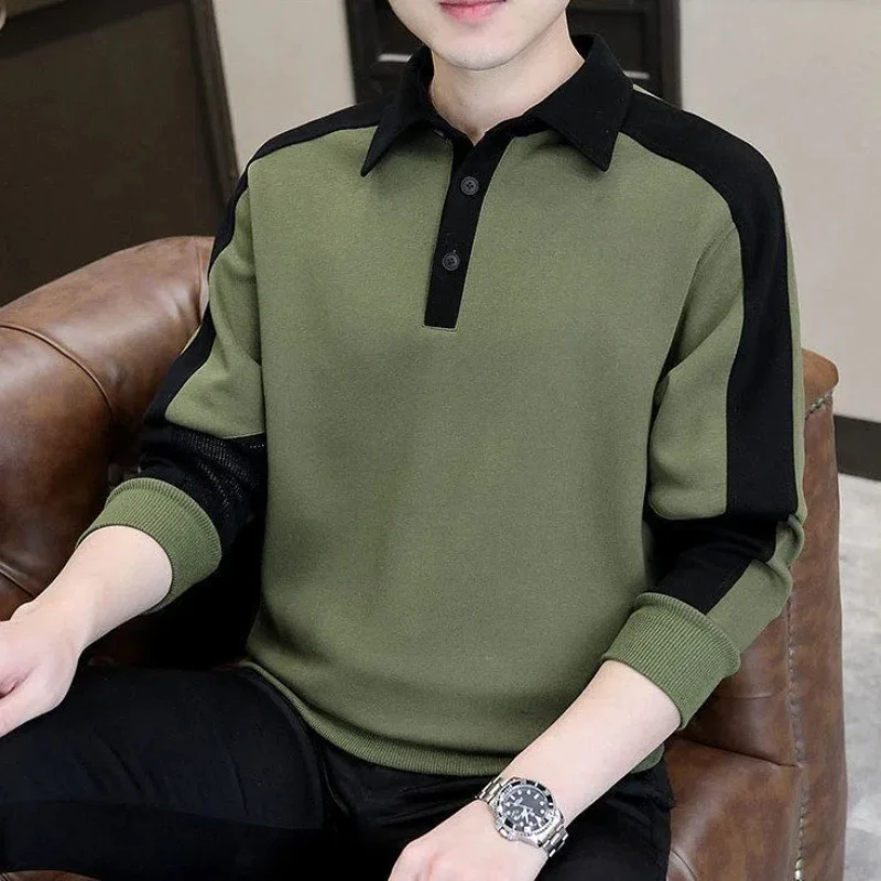 Screw Thread Contrast Color Preppy Style Spring Autumn Lantern Long Sleeve Men's Clothing Turn-down Collar Pullover Casual Tops