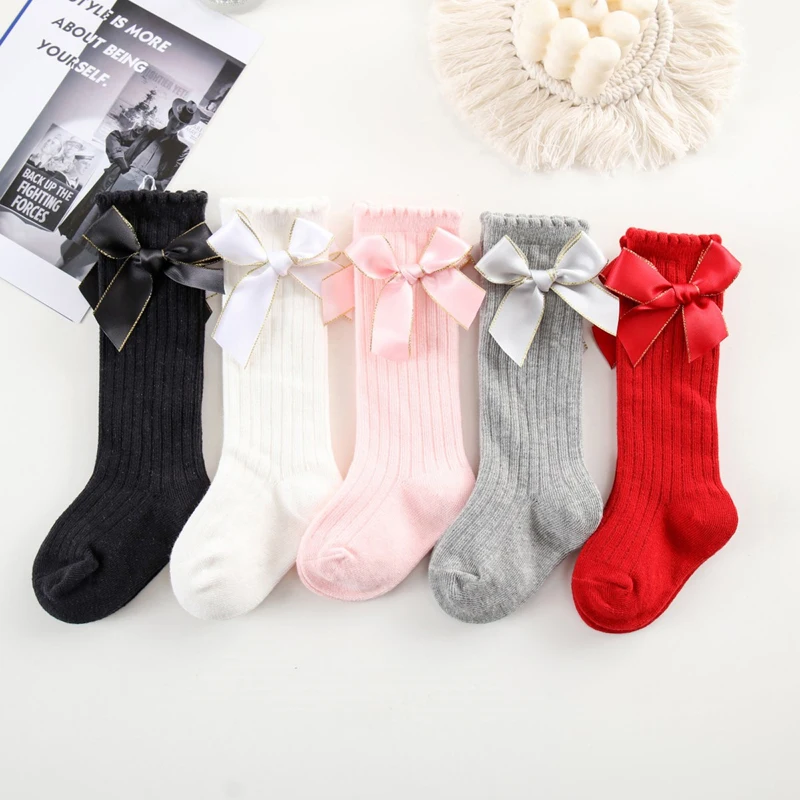 

Cute Baby Girl Knee High Socks Soft Frilly Socks Stockings with Ribbon Bows for Infants Toddlers