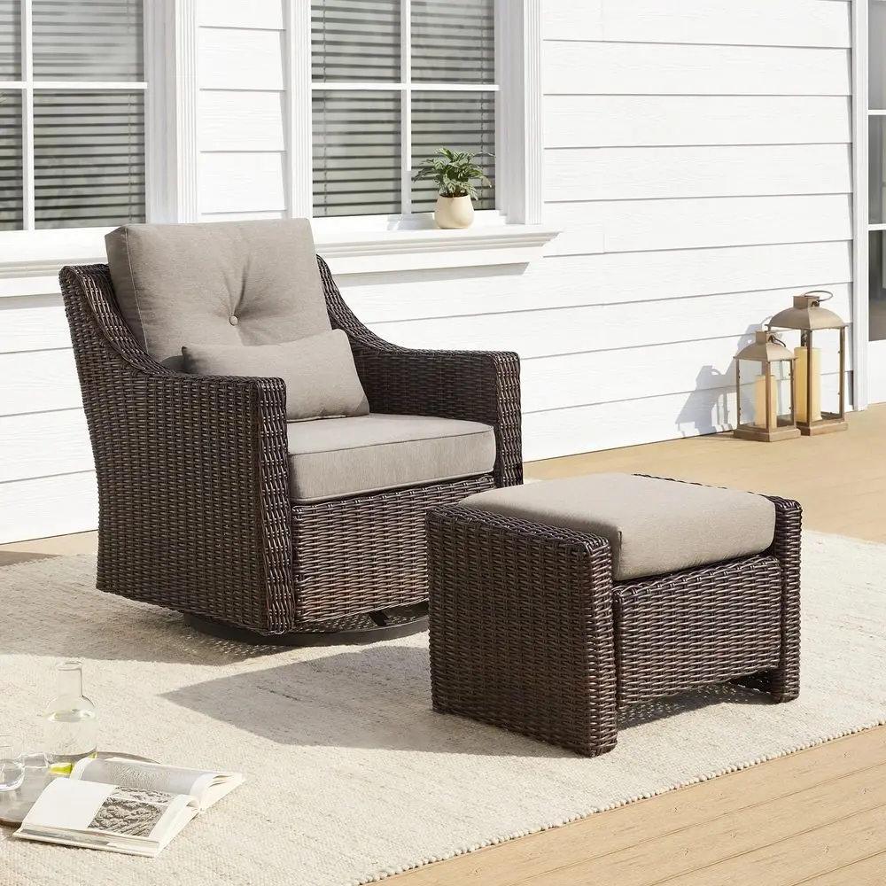 

2 Pieces Patio Wicker Furniture Set, Outdoor Rattan Bistro Set with Rocking Swivel Chair, Thickened Cushions and Ottoman