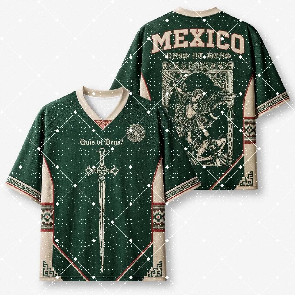 Mexico Religious Saint Archangel Mesh Jersey Quis Ut Deus Sword Cross Print V‑Neck Ethnic Aztec Pattern Short Sleeve Sports Tee