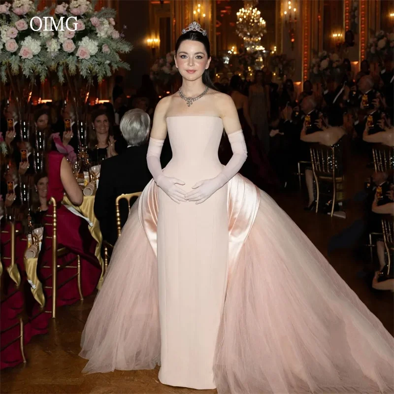 

OIMG Princess Pink Strapless Mermaid Formal Prom Gowns Backless Evening Dress Mesh Tail Floor Length Party Dresses Customized