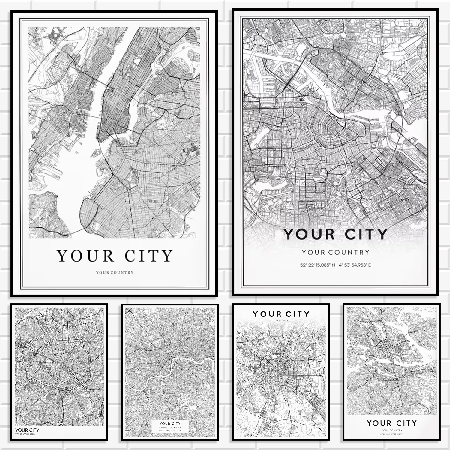 Minimalist City Map Canvas Wall Art Personalized Black White Line City Street Map Poster Print Coordinates Map Home Wall Decor