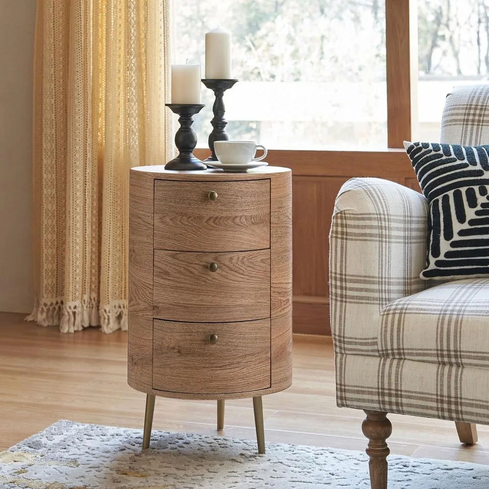 

mid-century modern round end table with 3 drawers, metal-legged sofa side table, small farmhouse style wooden side table