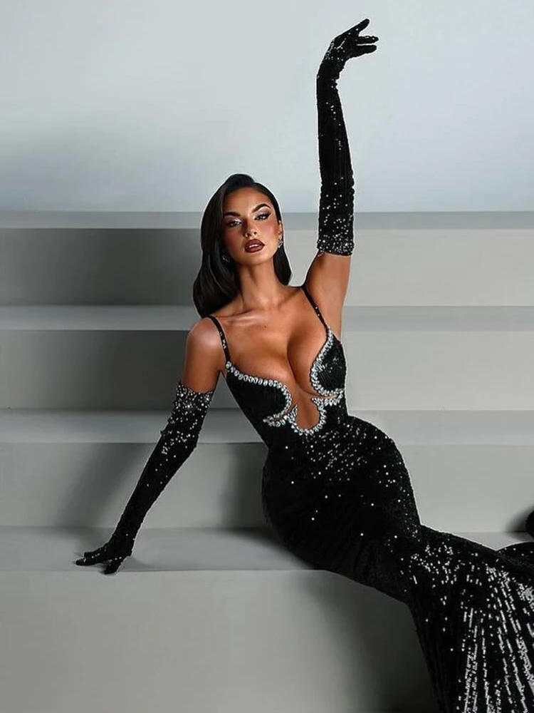 VC Luxury Women\'S Elegant Dress Sexy Spaghetti Straps Rhinestones Sequins Tight Mermaid Maxi Black Evening Gown With Gloves