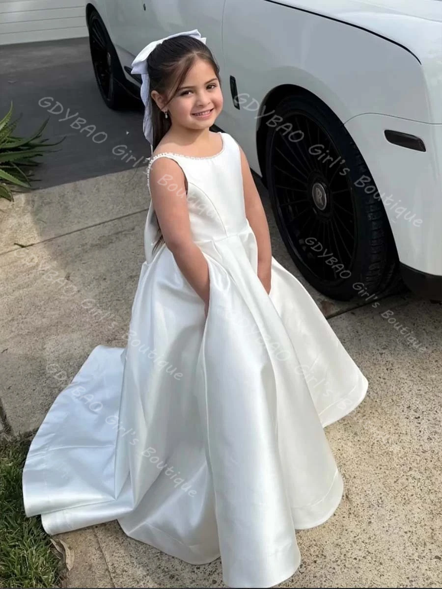 Vestido de princesa personalizado para niñas, vestido de flores con espalda abierta y perlas con lazo/tren, vestido largo de fiesta de boda y comunión para niños