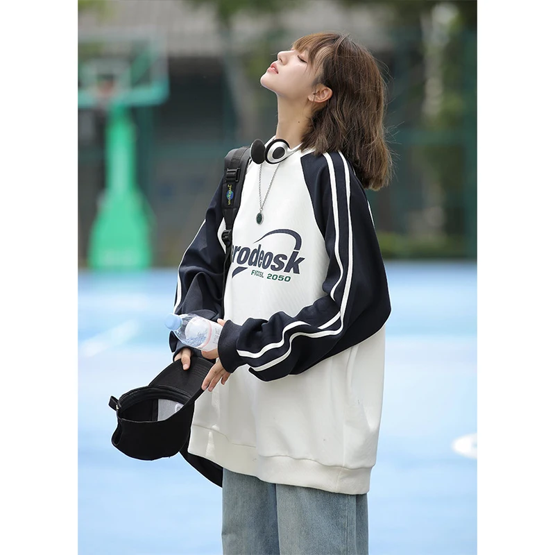 

American Retro Striped Sweatirt Men's Spring Autumn Oversize Jaet Youth Casual round Ne No Cap Heavyweight College Sle