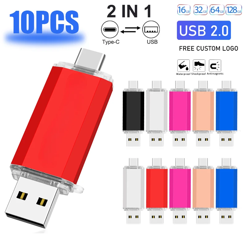 10 PCS LOT TYPE-C Pen Drive 128GB 64GB Metal USB Flash Drive 32GB for Phone 2 IN 1 Memory Stick 16GB Mini Creative Gift U Disk