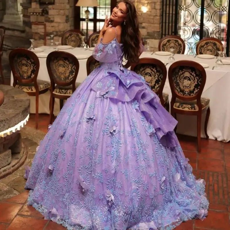 Purple Spaghetti Strap Applique Quinceanera Dress 2025 Charming Lace Party Dress Shiny 3D Flower Party Gown 16 Customized